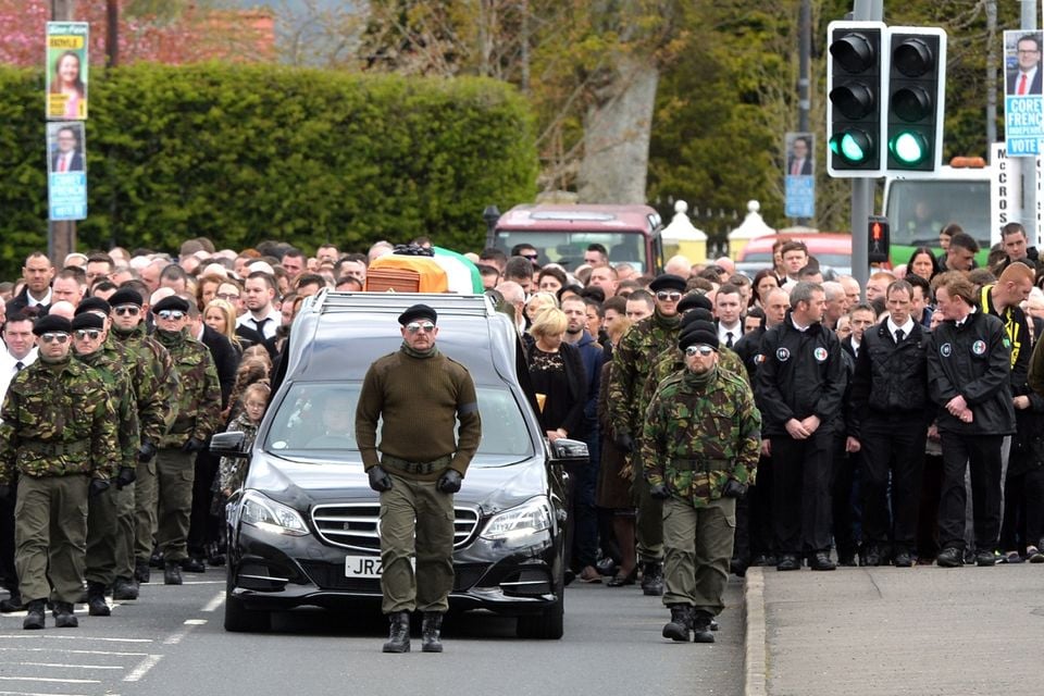 A guard of honour flanks the coffin of Michael Barr at his funeral in Strabane Co Tyrone this morning. Barr was shot dead at the end of April in a pub in Dublin. It is thought his murder is part of a bitter feud between rival gangs in the city.
PACEMAKER BELFAST   05/05/2016