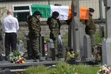 thumbnail: A guard of honour flanks the coffin of Michael Barr at his funeral in Strabane Co Tyrone this morning. Barr was shot dead at the end of April in a pub in Dublin. It is thought his murder is part of a bitter feud between rival gangs in the city.
PACEMAKER BELFAST   05/05/2016